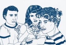 Assunta Abdel Azim Mohamed/ Kulturforum Belgrad Das Bild zeigt eine Kugelschreiberzeichnung der Künstlerin, auf der drei junge Personen Schmetterlinge und Blumen tragen.