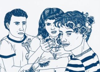 Assunta Abdel Azim Mohamed/ Kulturforum Belgrad Das Bild zeigt eine Kugelschreiberzeichnung der Künstlerin, auf der drei junge Personen Schmetterlinge und Blumen tragen.