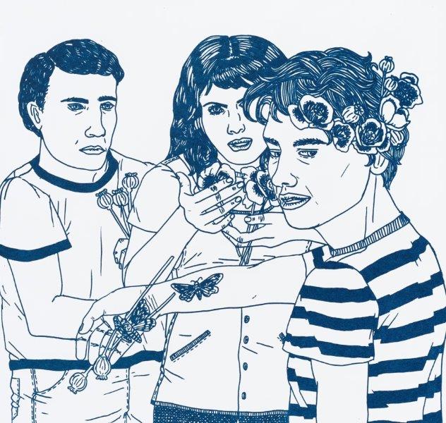 Bild: Assunta Abdel Azim Mohamed Das Bild zeigt eine Kugelschreiberzeichnung der Künstlerin, auf der drei junge Personen Schmetterlinge und Blumen tragen.