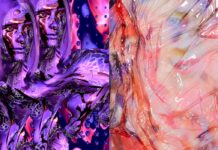 Artist Talk zur Ausstellung / Kulturforum Berlin Das digital gestaltete Bild ist in zwei Hälften geteilt – links und rechts. Es zeigt stark verfremdete, surreale menschliche Figuren und Texturen in leuchtenden Farben, vor allem in verschiedenen Lilatönen. Die amorphen Figuren vereinen Körperlichkeit, Technik und organische Strukturen.