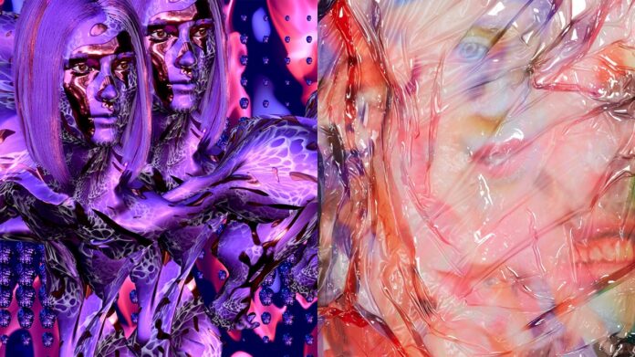 Bild: © Dagmar Schürrer | Jess Tucker Das digital gestaltete Bild ist in zwei Hälften geteilt – links und rechts. Es zeigt stark verfremdete, surreale menschliche Figuren und Texturen in leuchtenden Farben, vor allem in verschiedenen Lilatönen. Die amorphen Figuren vereinen Körperlichkeit, Technik und organische Strukturen.