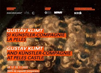 Gustav Klimt und die Künstler-Compagnie in Peleș / Kulturforum Bukarest Das Bild zeigt das Poster der Ausstellung. Den Kopf einer Frau mit gewelltem Haar. Darüber die Daten der Ausstellung.