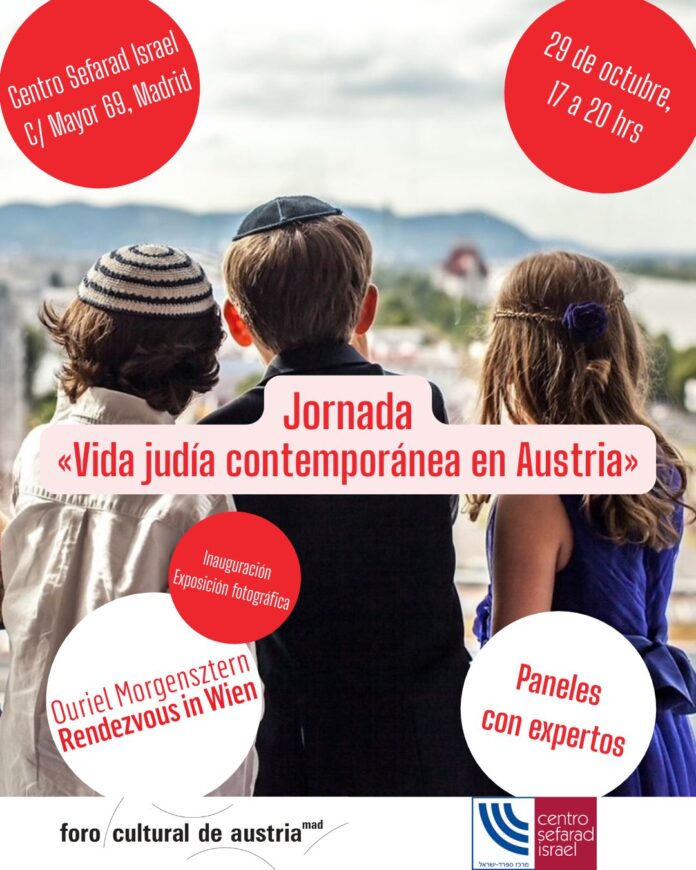 Bild: Ouriel Morgensztern / KF Madrid Das Bild zeigt jüdische Kinder, die auf das Wiener Stadtpanorama blicken. Zudem enthält das Bild Informationen zur Veranstaltung.