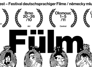 DAS FILMFEST 2025 / Kulturforum Prag Das ganze Bild besteht aus schwarzer Schrift sowie schwarzen Design auf weißem Hintergrund. Oben steht die Überschrift „19. Das Filmfest – Festival deutschsprachiger Filme / německy mluvených filmů“. Darunter sind in vier nebeinander stilisierten Lorbeerkränzen der Veranstaltungszeitzeit und die Veranstaltungsorte des Festivals angegeben. Das Bild wird durch den riesigen schwarzen Schriftzug „Fülm“ drunter dominiert. Den Schriftzug am unteren Ende überlappend befinden sich sechs Porträts in ovalen verschnörkelten Rahmen, die aus handgezeichneten Umrissen bestehen.