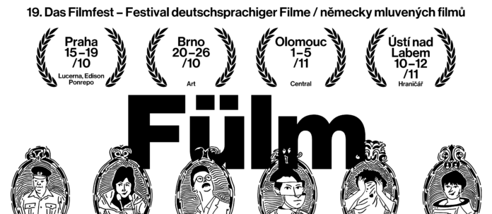 Bild: Bohdan Heblík Das ganze Bild besteht aus schwarzer Schrift sowie schwarzen Design auf weißem Hintergrund. Oben steht die Überschrift „19. Das Filmfest – Festival deutschsprachiger Filme / německy mluvených filmů“. Darunter sind in vier nebeinander stilisierten Lorbeerkränzen der Veranstaltungszeitzeit und die Veranstaltungsorte des Festivals angegeben. Das Bild wird durch den riesigen schwarzen Schriftzug „Fülm“ drunter dominiert. Den Schriftzug am unteren Ende überlappend befinden sich sechs Porträts in ovalen verschnörkelten Rahmen, die aus handgezeichneten Umrissen bestehen.
