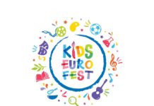 Kids Euro Fest 2025 / Kulturforum Washington Das Bild zeigt das Kids Euro Fest Logo. Es ist sehr bunt mit Symbolen für Aktivitäten, wie Noten, ein Fußball, ein Buch etc.