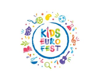 Kids Euro Fest 2025 / Kulturforum Washington Das Bild zeigt das Kids Euro Fest Logo. Es ist sehr bunt mit Symbolen für Aktivitäten, wie Noten, ein Fußball, ein Buch etc.