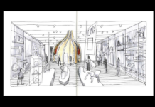 ICOM-DESIGN / Botschaft Oslo Das Bild zeigt eine Skizze eines Ausstellungsraums, hauptsächlich in Grau, Schwarz und Weiß gehalten. An den Wänden befinden sich Ausstellungsstücke wie ein Fahrrad, ein Sessel oder Kleidung. Mittig im Raum befinden sich drei Ausstellungsflächen mit weiteren Möbeln, einer Lampe und anderen Objekten. Auch Menschen, die sich im Raum bewegen, sind skizziert. Im mittleren hinteren Bereich des Bildes bzw. des skizzierten Raumes ist in Rot und Gelb ein kuppelförmiger Ausstellungsraum innerhalb des Ausstellungsraums dargestellt.