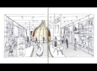 ICOM-DESIGN / Botschaft Oslo Das Bild zeigt eine Skizze eines Ausstellungsraums, hauptsächlich in Grau, Schwarz und Weiß gehalten. An den Wänden befinden sich Ausstellungsstücke wie ein Fahrrad, ein Sessel oder Kleidung. Mittig im Raum befinden sich drei Ausstellungsflächen mit weiteren Möbeln, einer Lampe und anderen Objekten. Auch Menschen, die sich im Raum bewegen, sind skizziert. Im mittleren hinteren Bereich des Bildes bzw. des skizzierten Raumes ist in Rot und Gelb ein kuppelförmiger Ausstellungsraum innerhalb des Ausstellungsraums dargestellt.