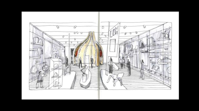 Marco Magni, Guicciardini & Magni Architetti, sketch for room 21, the collection display at the National Museum Photo: Mario Ciampi Das Bild zeigt eine Skizze eines Ausstellungsraums, hauptsächlich in Grau, Schwarz und Weiß gehalten. An den Wänden befinden sich Ausstellungsstücke wie ein Fahrrad, ein Sessel oder Kleidung. Mittig im Raum befinden sich drei Ausstellungsflächen mit weiteren Möbeln, einer Lampe und anderen Objekten. Auch Menschen, die sich im Raum bewegen, sind skizziert. Im mittleren hinteren Bereich des Bildes bzw. des skizzierten Raumes ist in Rot und Gelb ein kuppelförmiger Ausstellungsraum innerhalb des Ausstellungsraums dargestellt.