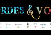 Cordes & Voix – Konzert in der Kathedrale von Tunis  / Botschaft Tunis Das Bild zeigt die Ankündigung des Konzerts auf schwarzem Hintergrund mit buntem Mosaikdesign am rechten Bildrand