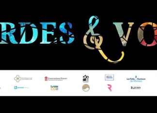 Cordes & Voix – Konzert in der Kathedrale von Tunis / Botschaft Tunis Das Bild zeigt die Ankündigung des Konzerts auf schwarzem Hintergrund mit buntem Mosaikdesign am rechten Bildrand