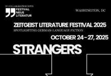 Zeitgeist Literatur Festival 2025 / Kulturforum Washington Das Bild zeigt das Festivalposter. Dieses ist schwarz mit weißem Schriftzug, 2 Häusern als Piktogramm und den Logos der Veranstaltenden.