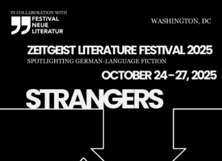 Zeitgeist Literatur Festival 2025 / Kulturforum Washington Das Bild zeigt das Festivalposter. Dieses ist schwarz mit weißem Schriftzug, 2 Häusern als Piktogramm und den Logos der Veranstaltenden.