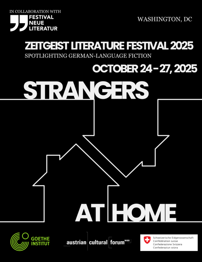 Bild: Festival Neue Literatur Das Bild zeigt das Festivalposter. Dieses ist schwarz mit weißem Schriftzug, 2 Häusern als Piktogramm und den Logos der Veranstaltenden.