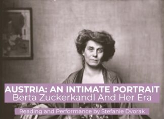 Berta Zuckerkandl: An Intimate Portrait / Kulturforum New York Das Bild zeigt ein historisches Schwarz-Weiß-Porträt der österreichischen Salonnière Berta Zuckerkandl, die in einem Sessel sitzt. Sie trägt ein langes, gemustertes Kleid mit einem locker übergeworfenen Mantel. Ihr Blick ist direkt auf die Kamera gerichtet, der Gesichtsausdruck ernst und zugleich nachdenklich. Im Hintergrund hängt ein gerahmtes Kunstwerk an der Wand. Über das Foto sind violette Textfelder mit weißer Schrift gelegt. Sie enthalten folgende Informationen: AUSTRIA: AN INTIMATE PORTRAIT; Berta Zuckerkandl And Her Era; Reading and Performance by Stefanie Dvorak; November 20, 2025 | 6:30 PM Austrian Cultural Forum New York. Das Design wirkt schlicht und elegant, mit Fokus auf die historische Fotografie und einer klaren, gut lesbaren Typografie.