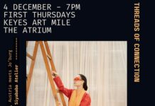 Designer Goran Bugarič in Südafrika / Kulturforum Pretoria Das Bild zeigt alle Details zur geplanten Pop-up-Modeshow im Keyes Art Mile in Johannesburg. Auf dem Bild ist auch ein Model auf einer Stehleiter zu sehen, die ein Kleid aus der aktuellen Serie von Goran Bugarič trägt. Weiters sin die Namen der Desingerinnen Siyababa Atelier und Cult Moxie abgebildet und alle Logos der Organisatoren.