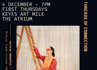 Designer Goran Bugarič in Südafrika / Kulturforum Pretoria Das Bild zeigt alle Details zur geplanten Pop-up-Modeshow im Keyes Art Mile in Johannesburg. Auf dem Bild ist auch ein Model auf einer Stehleiter zu sehen, die ein Kleid aus der aktuellen Serie von Goran Bugarič trägt. Weiters sin die Namen der Desingerinnen Siyababa Atelier und Cult Moxie abgebildet und alle Logos der Organisatoren.