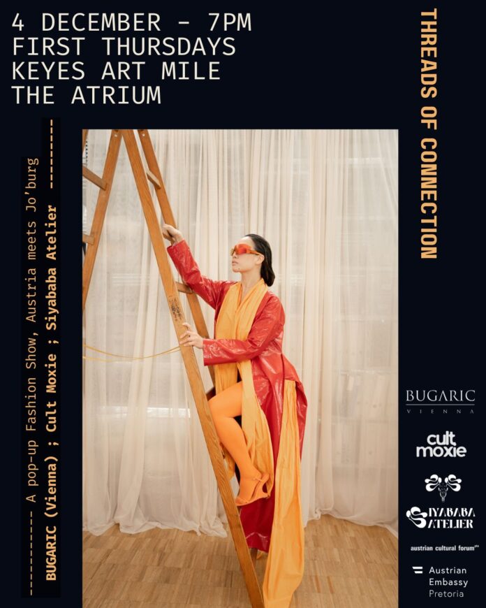 Das Bild zeigt alle Details zur geplanten Pop-up-Modeshow im Keyes Art Mile in Johannesburg. Auf dem Bild ist auch ein Model auf einer Stehleiter zu sehen, die ein Kleid aus der aktuellen Serie von Goran Bugarič trägt. Weiters sin die Namen der Desingerinnen Siyababa Atelier und Cult Moxie abgebildet und alle Logos der Organisatoren.