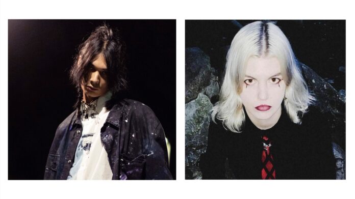 Bild: Kenji Araki (David Prokop); Antonia XM (steffenhotel) Den Künstler Kenji Araki und die Künstlerin Antonia XM. Kenji Araki blickt mit leicht gesenktem Haupt in die Kamera, sein langes schwarzes Haar hängt ins Gesicht. Er trägt eine schwarze Jeansweste mit Farbspritzern und ein weißes Shirt, ebenfalls mit Farbspritzern. Der Hintergrund ist Dunkel, von hinten strahlt den Künstler Licht an. Die Künstlerin Antonia XM blickt von unten hinauf in die Kamera, ihr Haar ist weißblond, ihre Haut sehr hell, ihr Make-up weist unter jedem Auge eine schwarze Träne auf, ihre Lippen sind dunkelrot. Sie trägt eine schwarze Bluse und eine rot-schwarze Krawatte. Der Hintergrund besteht aus Felsen.