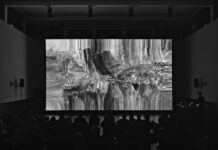 MONOCOLOR (alias Marian Essl) / Kulturforum Tokio Auf dem Bild ist in Dunkel die Bühne zu sehen, darauf eine große Leinwand, auf der in SchwarzWEiss ein verschwommenes Bild zu sehen ist. Der Künstler steht auf der Seite mit einem Keyboard.