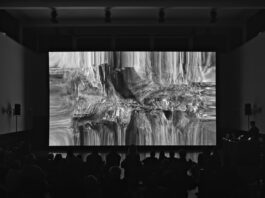 MONOCOLOR (alias Marian Essl) / Kulturforum Tokio Auf dem Bild ist in Dunkel die Bühne zu sehen, darauf eine große Leinwand, auf der in SchwarzWEiss ein verschwommenes Bild zu sehen ist. Der Künstler steht auf der Seite mit einem Keyboard.