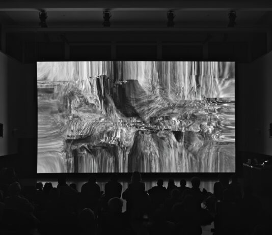 MONOCOLOR (alias Marian Essl) / Kulturforum Tokio Auf dem Bild ist in Dunkel die Bühne zu sehen, darauf eine große Leinwand, auf der in SchwarzWEiss ein verschwommenes Bild zu sehen ist. Der Künstler steht auf der Seite mit einem Keyboard.