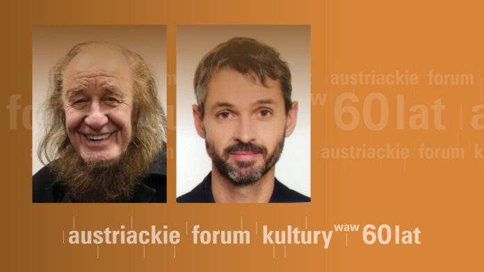 Bild: Plakat von Jacek Malinowski (KF Warschau) anhand des Fotos der Autorin von Gyöngyi Tasi und des Buchumschlags Das Bild zeigt die Gesichter beider Diskutanten.