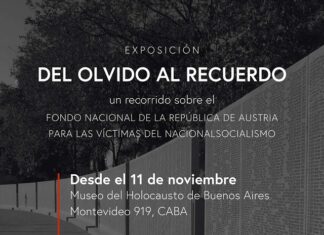 Vom Vergessen zum Erinnern / Botschaft Buenos Aires Das Bild zeigt die Shoah-Namensmauern-Gedenkstätte als Hintergrund, mit den wichtigsten Eckdaten für den Besuch der Ausstellung im Holocaustmuseum Buenos Aires