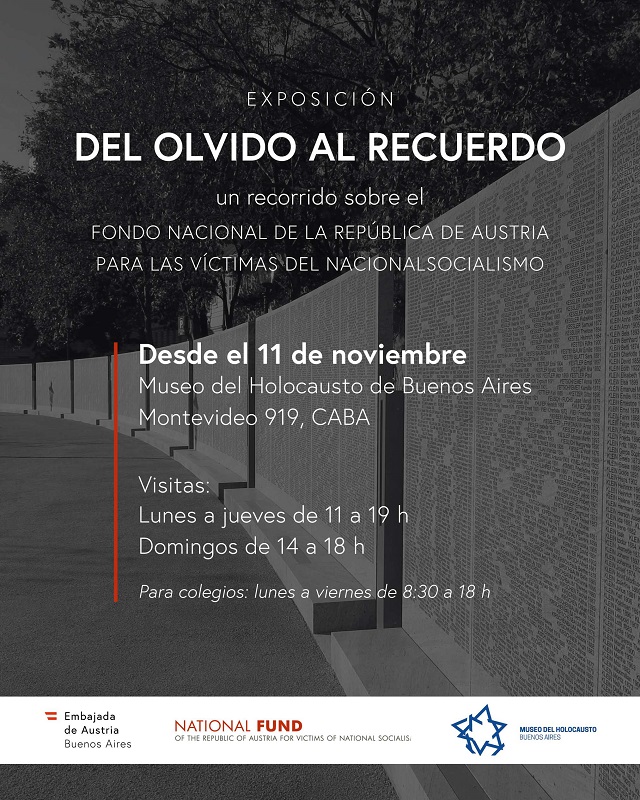 Das Bild zeigt die Shoah-Namensmauern-Gedenkstätte als Hintergrund, mit den wichtigsten Eckdaten für den Besuch der Ausstellung im Holocaustmuseum Buenos Aires