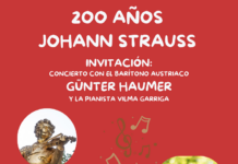 200 Jahre Johann Strauss / Botschaft Havanna Das Bild zeigt die Einladung zum Strauß-Konzert am 19. November in der Basilika San Franziskus. Hintergrund und Text der Einladung sind in rot-weiss-rot gehalten. Ein Ausschnitt der Strauß-Statue im Wiener Stadtpark, ein Foto des Bariton Günter Haumer und schematische Abbildungen eines Klaviers und von Noten ergänzen das Bild.