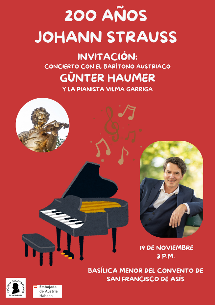 Das Bild zeigt die Einladung zum Strauß-Konzert am 19. November in der Basilika San Franziskus. Hintergrund und Text der Einladung sind in rot-weiss-rot gehalten. Ein Ausschnitt der Strauß-Statue im Wiener Stadtpark, ein Foto des Bariton Günter Haumer und schematische Abbildungen eines Klaviers und von Noten ergänzen das Bild.