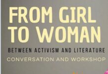 Angelika Reitzer / Botschaft Oslo Das Bild zeigt die Ankündigung des EUNIC Workshops vor einem Porträt der Autorin Angelika Reitzer. Das Autorinnenporträt ist in Grautönen gehalten. Sie trägt eine Cord-Jacke, eine Brille mit großem Rahmen, offenes Haar und lächelt gerade in die Kamera. Die Veranstaltungsankündigung des Workshops zeigt am rechten Bildrand ein junges Mädchen mit Sonnenbrille und pinker Bluse die halb aus dem Bildrand fällt – auf dem Weg ins Erwachsenwerden. Der Bildhintergrund ist grau, die Ankündigungsschrift gelb und schwarz und am unteren Bildrand finden sich die Logos der Mitveranstalter.