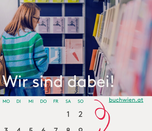 Das Außenministerium zu Gast auf der Buch Wien Das Bild zeigt im oberen Teil eine Frau von hinten, die vor einem Bücherregal steht. Darunter ist ein Kalender, in welchem die Tage eingekreist sind, bei denen die Buch Wien stattfindet und daneben steht „Wir sind dabei“.