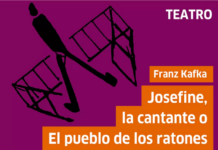 Szenische Kafka-Lesung / Kulturforum Mexiko Das Bild zeigt einen violetten Flyer mit einer schwarzen abstrakten Figur. Rechts stehen in orange Franz Kafkas Titel “Josefine, la cantante o El pueblo de los ratones“ sowie Hinweise zur szenischen Lesung von Kaveh Parmas. Unten sind Datum, Uhrzeit und die Logos der beteiligten Institutionen sichtbar.