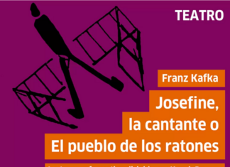 Szenische Kafka-Lesung / Kulturforum Mexiko Das Bild zeigt einen violetten Flyer mit einer schwarzen abstrakten Figur. Rechts stehen in orange Franz Kafkas Titel “Josefine, la cantante o El pueblo de los ratones“ sowie Hinweise zur szenischen Lesung von Kaveh Parmas. Unten sind Datum, Uhrzeit und die Logos der beteiligten Institutionen sichtbar.