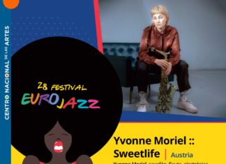 Yvonne Moriel :: sweetlife / Kulturforum Mexiko Das Bild zeigt ein Plakat für das 28. Eurojazz Festival 2025 im Centro Nacional de las Artes, Mexiko-Stadt. Es bewirbt das Konzert von Yvonne Moriel :: Sweetlife am 9. November um 17 Uhr, mit freiem Eintritt. Links ist eine bunte Illustration einer Sängerin mit großem Afro und Mikrofon, rechts ein Foto von Yvonne Moriel mit Saxofon. Veranstalter sind das Kulturministerium Mexikos, die EU und das Foro Cultural de Austria.