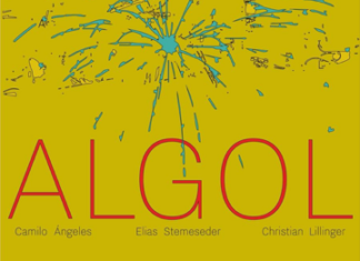 ALGOL Album-Release / Kulturforum Mexiko Das Bild zeigt einen grafischen Flyer zur ALGOL Album-Release-Tour 2025 mit einer zentralen blau-gelben, sternenförmigen Illustration auf olivgrünem Hintergrund. Oben steht „Album Release Tour Diciembre 2025“, darunter der Schriftzug „ALGOL“ sowie die Namen der Musiker. Am unteren Rand sind die Logos der österreichischen Botschaften in Mexiko, Brasilia und Buenos Aires sowie des Österreichischen Kulturforums abgebildet.