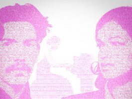 HIDDEN VOICES / Kulturforum Berlin Das Bild zeigt eine künstlerische, in Pinktönen gehaltene Typografie-Collage. Aus dicht aneinandergereihten Textzeilen formen sich die Silhouetten zweier Köpfe im Vordergrund sowie einer Person, die am Klavier sitzt. Die Figuren sind nur durch ihre Umrisse und Schattierungen aus Text erkennbar, während der Hintergrund weiß bleibt. Insgesamt vermittelt die Komposition einen poetischen, fast träumerischen Eindruck, bei dem Schrift sowohl Bild als auch Struktur bildet.