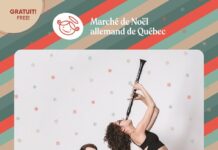 Duo Minerva / Kulturforum Ottawa Das Bild zeigt das Plakat für ein Konzert des österreichischen Duos Minerva. In der Bildmitte stehen die beiden Musiker*innen vor hellem Hintergrund mit kleinen Schneeflockenmotiven. Links sitzt ein junger Mann in schwarzer Kleidung und spielt ein großes Akkordeon. Rechts steht eine junge Frau in schwarzem Outfit, nach hinten gebeugt, und spielt eine Klarinette nach oben gerichtet. Unter dem Bild stehen in großer weißer Schrift die Worte „DUO MINERVA – CONCERT“. Darunter folgen die Veranstaltungsinformationen: Konzert am Sonntag, 14. Dezember um 15 Uhr in der Chapelle du Séminaire in Québec. Am unteren Rand befinden sich kurze Beschreibungen des Duos sowie die Logos der Veranstalter.