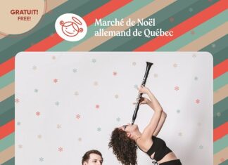 Duo Minerva / Kulturforum Ottawa Das Bild zeigt das Plakat für ein Konzert des österreichischen Duos Minerva. In der Bildmitte stehen die beiden Musiker*innen vor hellem Hintergrund mit kleinen Schneeflockenmotiven. Links sitzt ein junger Mann in schwarzer Kleidung und spielt ein großes Akkordeon. Rechts steht eine junge Frau in schwarzem Outfit, nach hinten gebeugt, und spielt eine Klarinette nach oben gerichtet. Unter dem Bild stehen in großer weißer Schrift die Worte „DUO MINERVA – CONCERT“. Darunter folgen die Veranstaltungsinformationen: Konzert am Sonntag, 14. Dezember um 15 Uhr in der Chapelle du Séminaire in Québec. Am unteren Rand befinden sich kurze Beschreibungen des Duos sowie die Logos der Veranstalter.