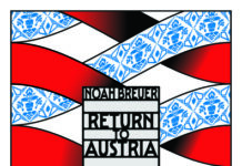 Noah Breuer: Rückkehr nach Österreich / Kulturforum Prag Das Bild zeigt ein hochformatiges Plakat mit geschwungenen rot-weißen Bändern, blau-weißen ornamentalen Mustern und einer starken grafischen Anmutung in Schwarz, Rot, Weiß und Blau. In der Mitte steht in blockartiger Schrift der Text „Noah Breuer – Return to Austria – Austrian Cultural Forum Prague – 29 Jan–25 Feb 2026“