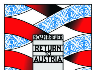Noah Breuer: Rückkehr nach Österreich / Kulturforum Prag Das Bild zeigt ein hochformatiges Plakat mit geschwungenen rot-weißen Bändern, blau-weißen ornamentalen Mustern und einer starken grafischen Anmutung in Schwarz, Rot, Weiß und Blau. In der Mitte steht in blockartiger Schrift der Text „Noah Breuer – Return to Austria – Austrian Cultural Forum Prague – 29 Jan–25 Feb 2026“