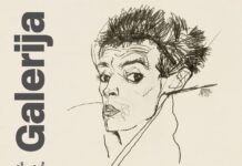 Egon Schiele UNSEEN / Kulturforum Zagreb Das Bild zeigt ein Plakat zur Ausstellung „Egon Schiele – UNSEEN“. Im Zentrum steht eine skizzenhafte, schwarz gezeichnete Porträtdarstellung von Egon Schiele.