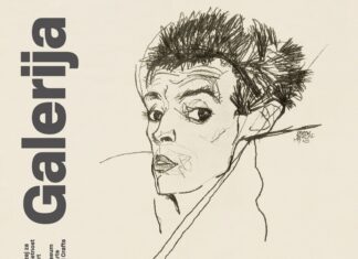 Egon Schiele UNSEEN / Kulturforum Zagreb Das Bild zeigt ein Plakat zur Ausstellung „Egon Schiele – UNSEEN“. Im Zentrum steht eine skizzenhafte, schwarz gezeichnete Porträtdarstellung von Egon Schiele.