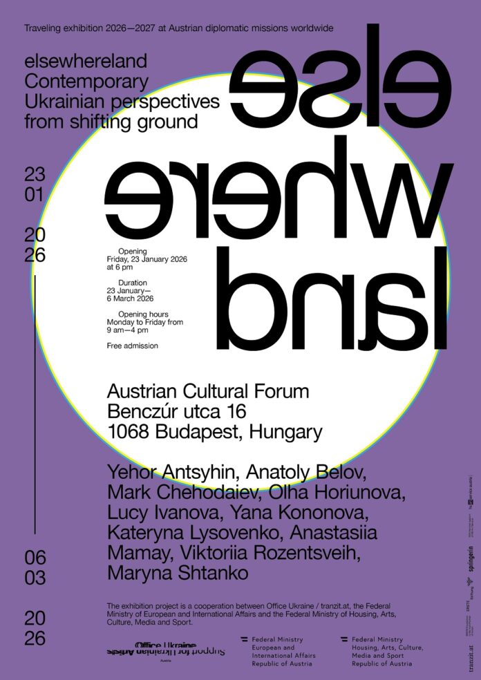 Das Bild zeigt das lilafarbige Ausstellungsplakat von „elsewhereland“