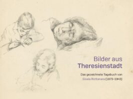 Bilder aus Theresienstadt / Kulturforum Ljubljana Das Bild zeigt Zeichnungen von einer älteren schlafenden Frau, einem zeichnenden Jungen mit Brille und ein Mädchen