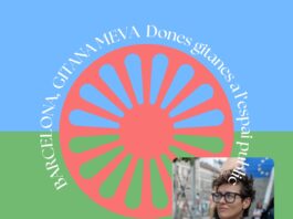 Roma-Frauen als Kulturschaffende / Kulturforum Madrid Das Bild zeigt ein Porträt der Künstlerin vor dem Hintergrund der Flagge der Roma-Gemeinschaft (rotes Speichenrad vor grün-blauem Hintergrund).