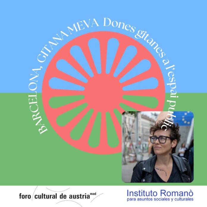 Das Bild zeigt ein Porträt der Künstlerin vor dem Hintergrund der Flagge der Roma-Gemeinschaft (rotes Speichenrad vor grün-blauem Hintergrund).