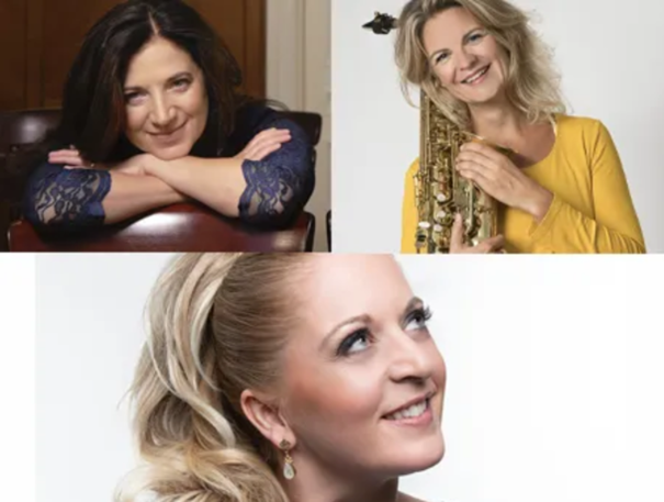 Drei Fotos der Musikerinnen sind dargestellt